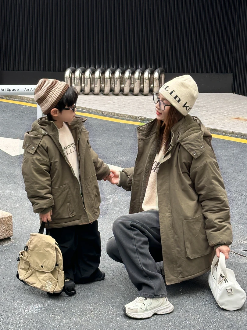 {升级版}新款2024亲子派克棉服男女同款加绒加厚冬季中长款棉衣