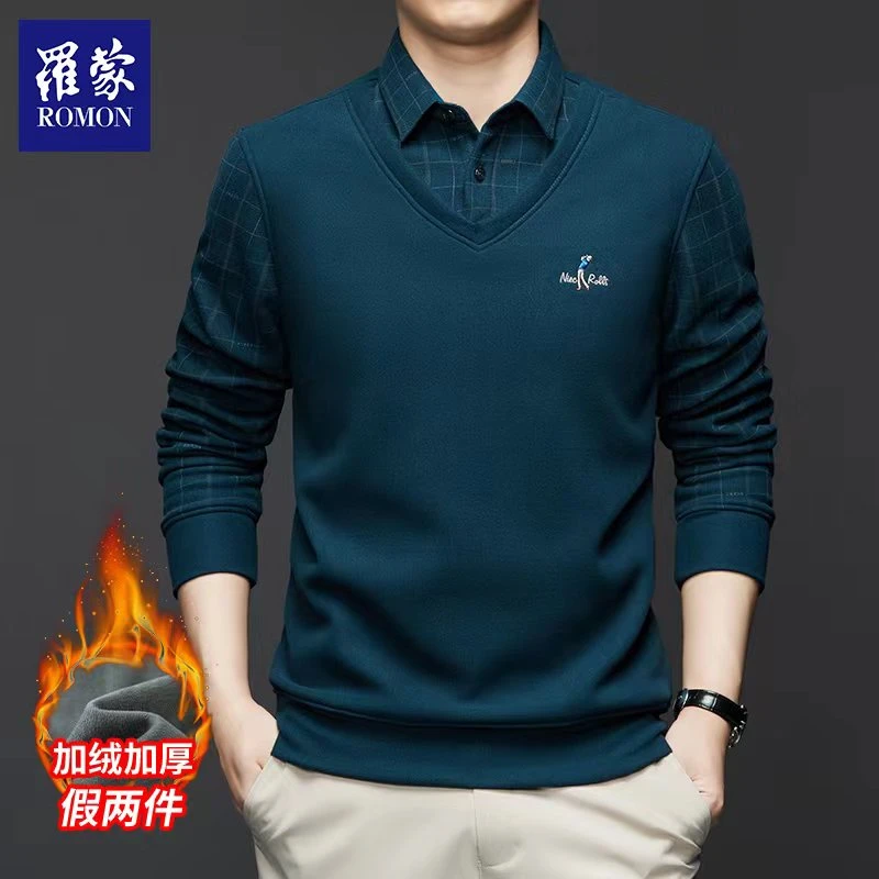 罗蒙格子商务休闲衬衫男款长袖新品百搭保暖加绒假两件衬衣