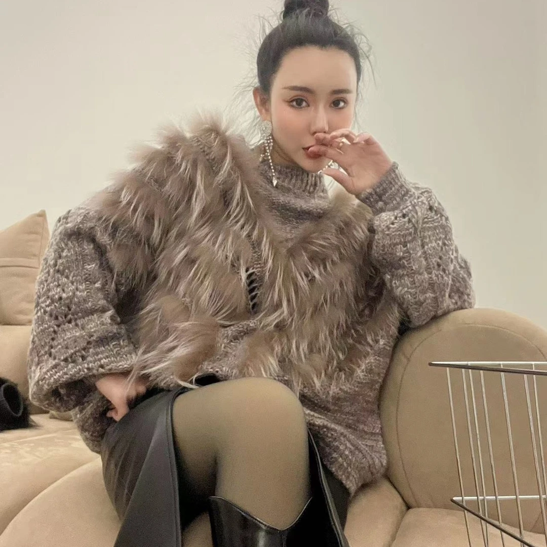 shemeihuanghou/奢美皇后时尚貉子毛羊毛慵懒套头上衣228135