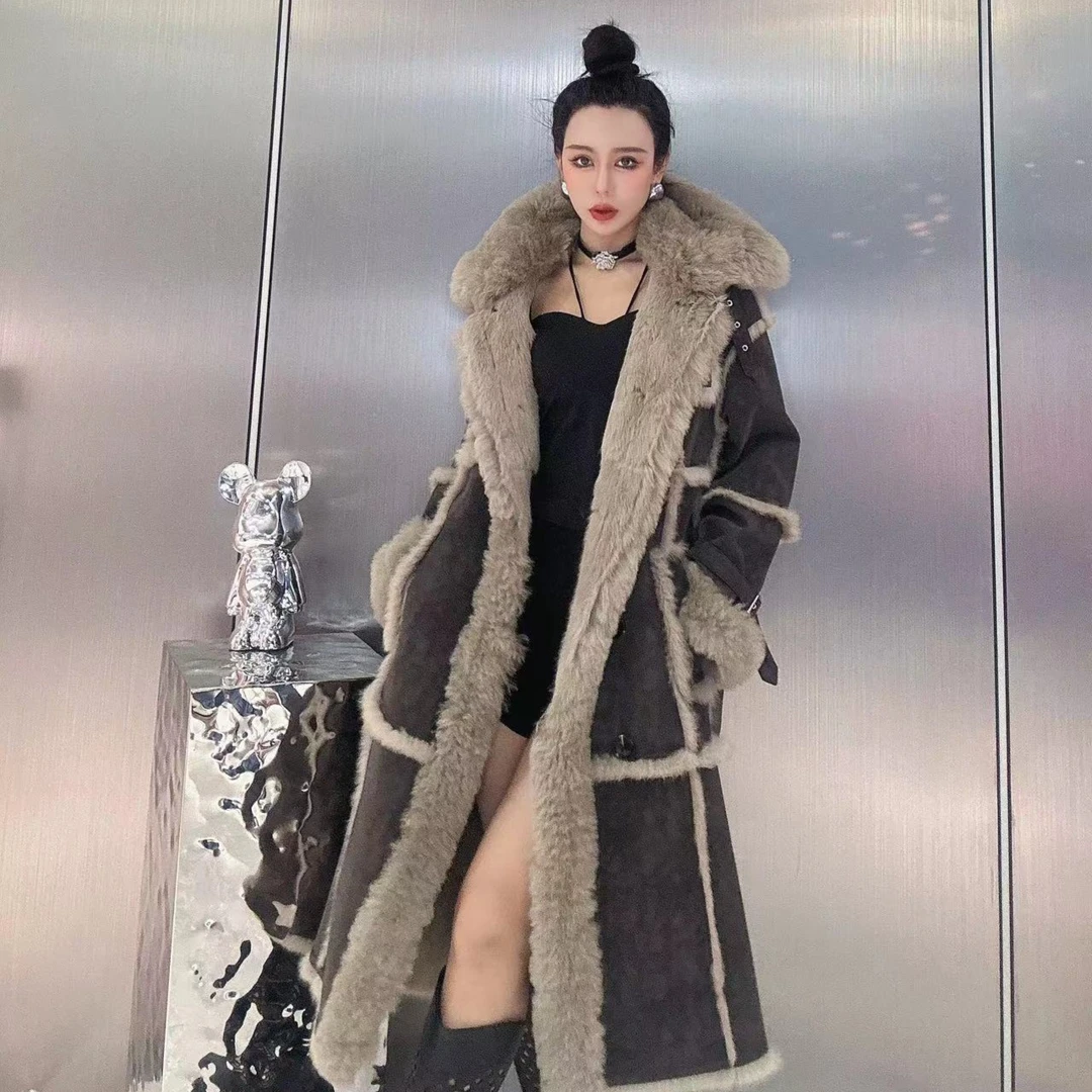设计师款小众显瘦羊毛领兔皮毛一体皮草外套0009