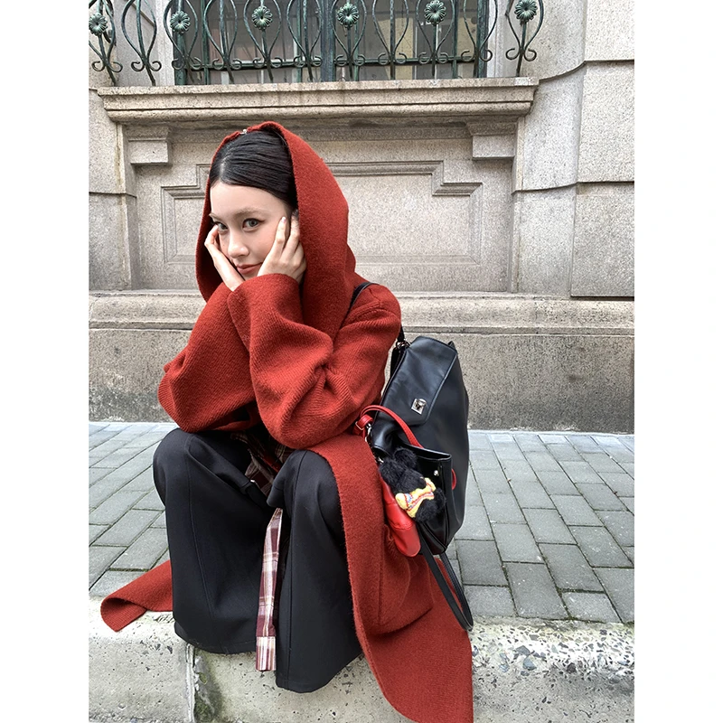 【小红帽】红色毛衣针织开衫女秋长款连帽外套3923