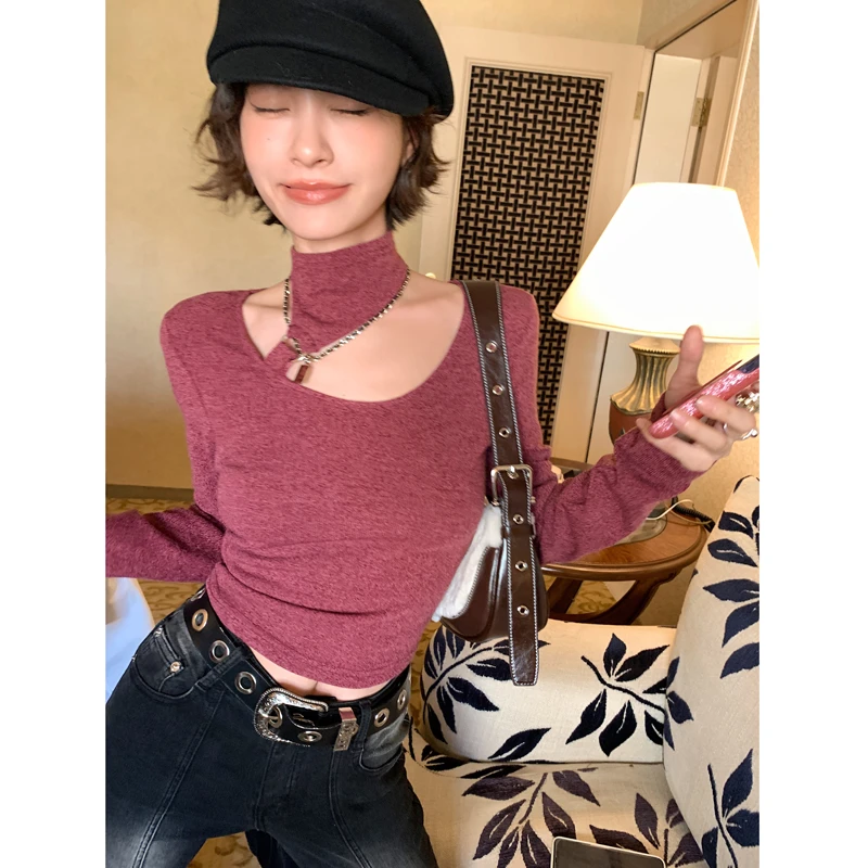 【她的私生活】挂脖长袖T恤女秋冬修身内搭打底衫3131