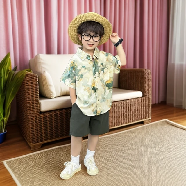 海浪图绘短袖套儿童时尚夏款老花拼接短袖衬衫套装【遇见神鹿】