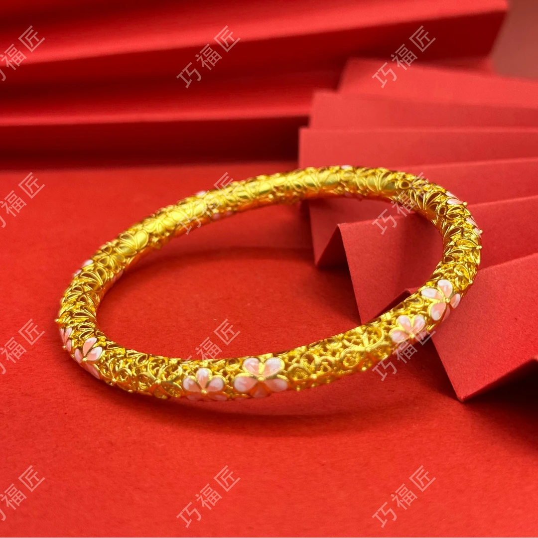 足银手镯 珐琅彩樱花手镯 简约工艺 实心百搭款 时尚2024秋冬上新