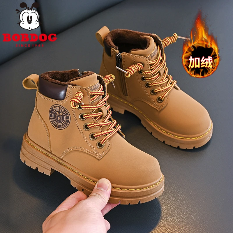 巴布豆童靴冬季加绒男女童靴子中大童儿童短靴男童保暖棉鞋马丁靴