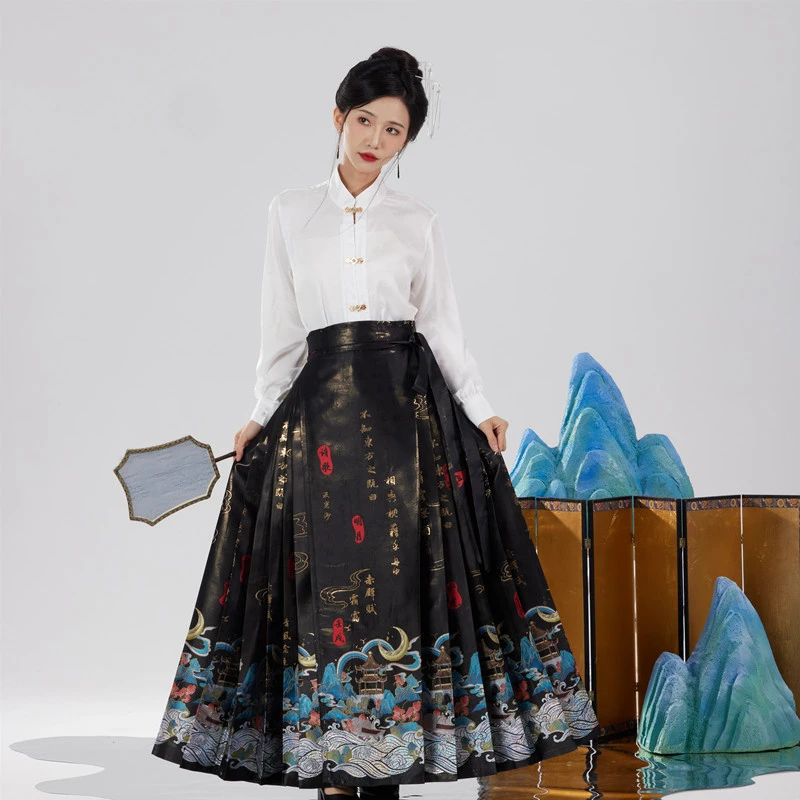 国风马面裙女款爆款2023新款黑/蓝/红三款妆花苏轼赤壁赋书法古风