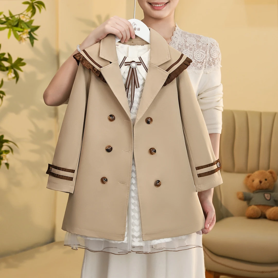 女童秋装中长款风衣外套英伦学院风双排扣风衣时髦上衣ZH1191