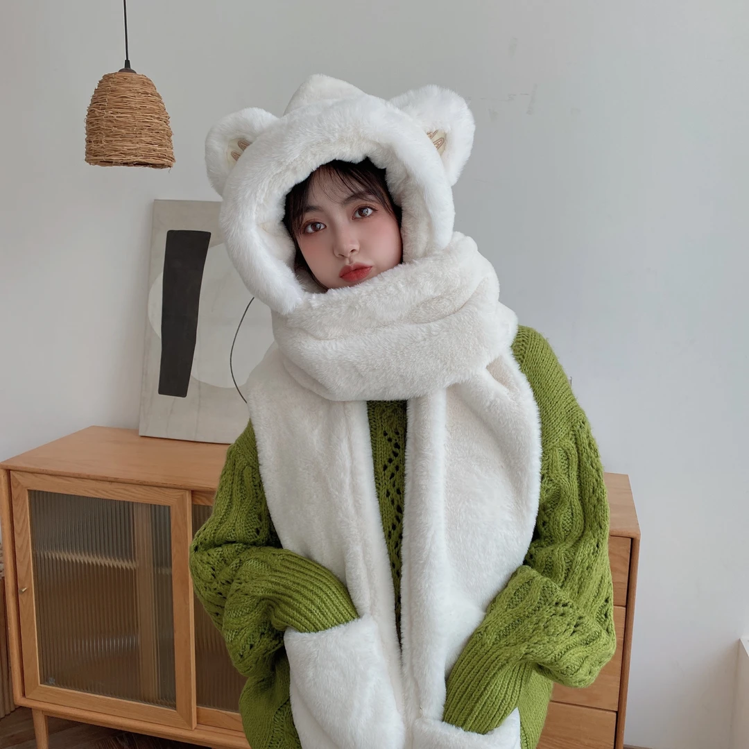 大人款冬天保暖帽百搭围巾毛绒加厚连帽防寒高颜值网红网红韩版