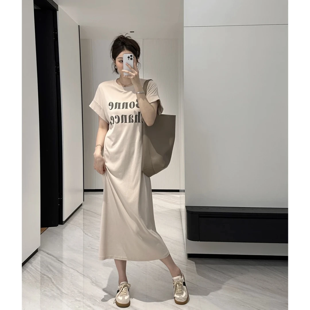 【断码特价】夏季短袖连衣裙女中长裙2025新款印花字母休闲裙子6202
