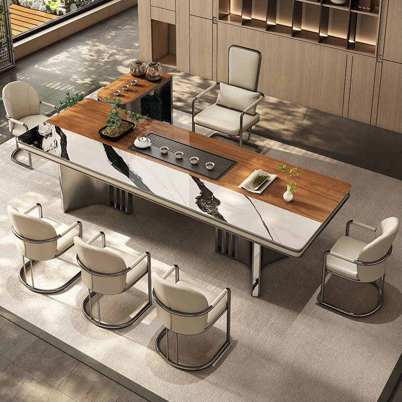 奢石岩板茶台桌现代轻奢办公室茶台大板桌高级感套装泡茶桌椅组合