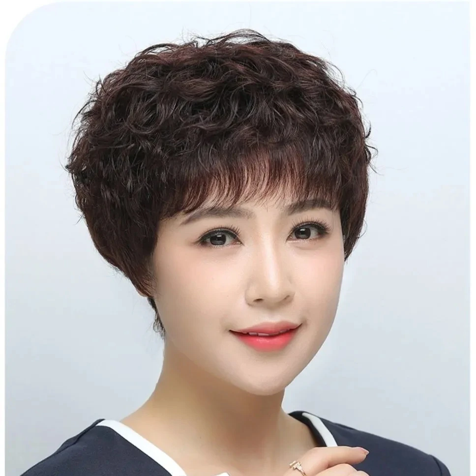 假发女全头套短卷发全真人发丝中老年女士妈妈透气自然轻薄全头套