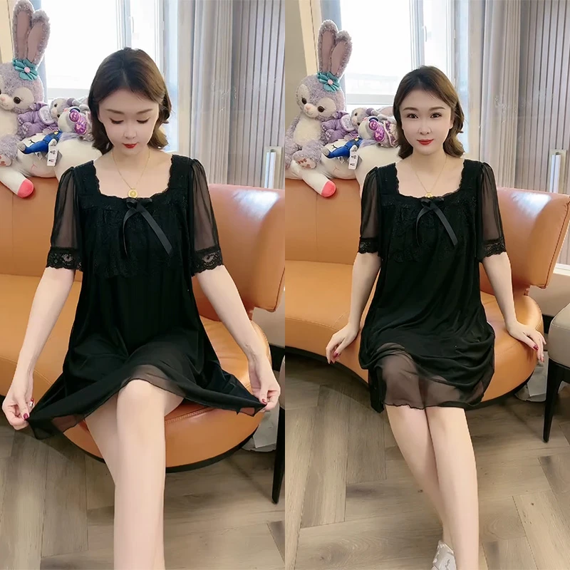 夏季薄款中长款洋气家居服网红性感蕾丝洋气韩版加大码舒适睡裙女