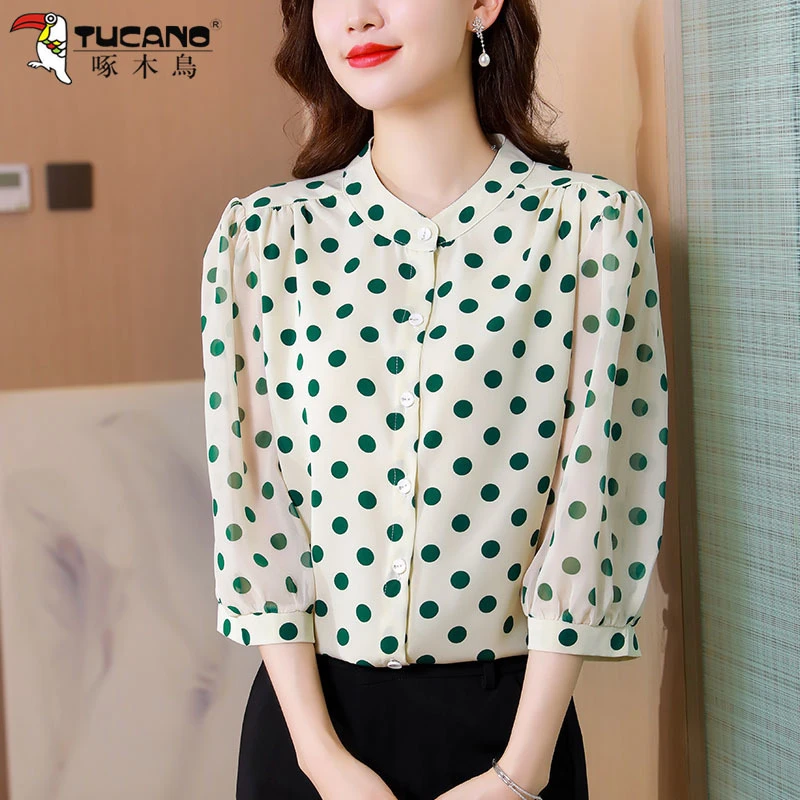 【官方品牌】啄木鳥圆领波点七分袖衬衫女2026新款夏季高端小衫宽松