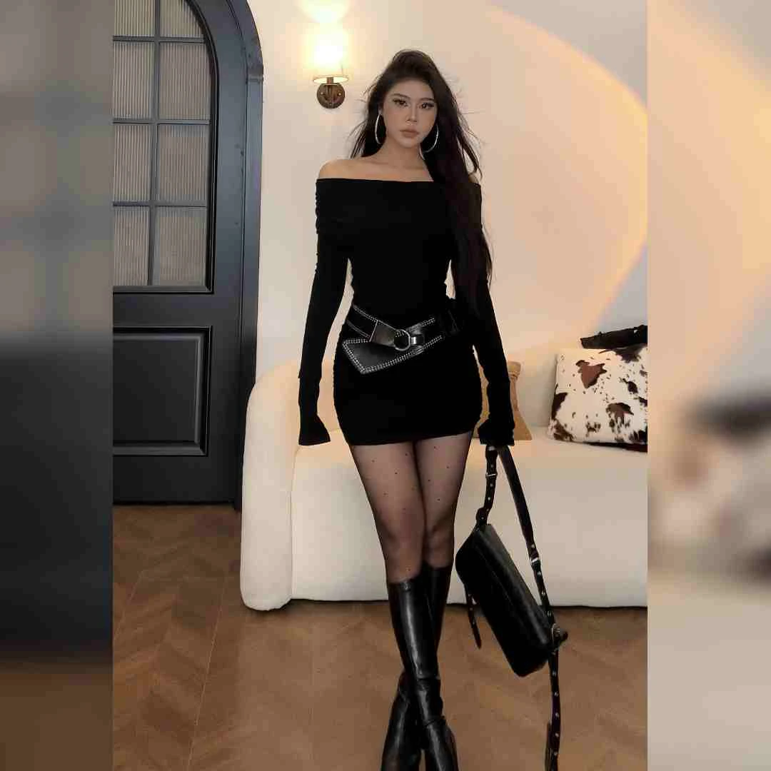 暗影刺客 欧美辣妹斜肩一字肩V领褶皱短款连衣裙 Y488