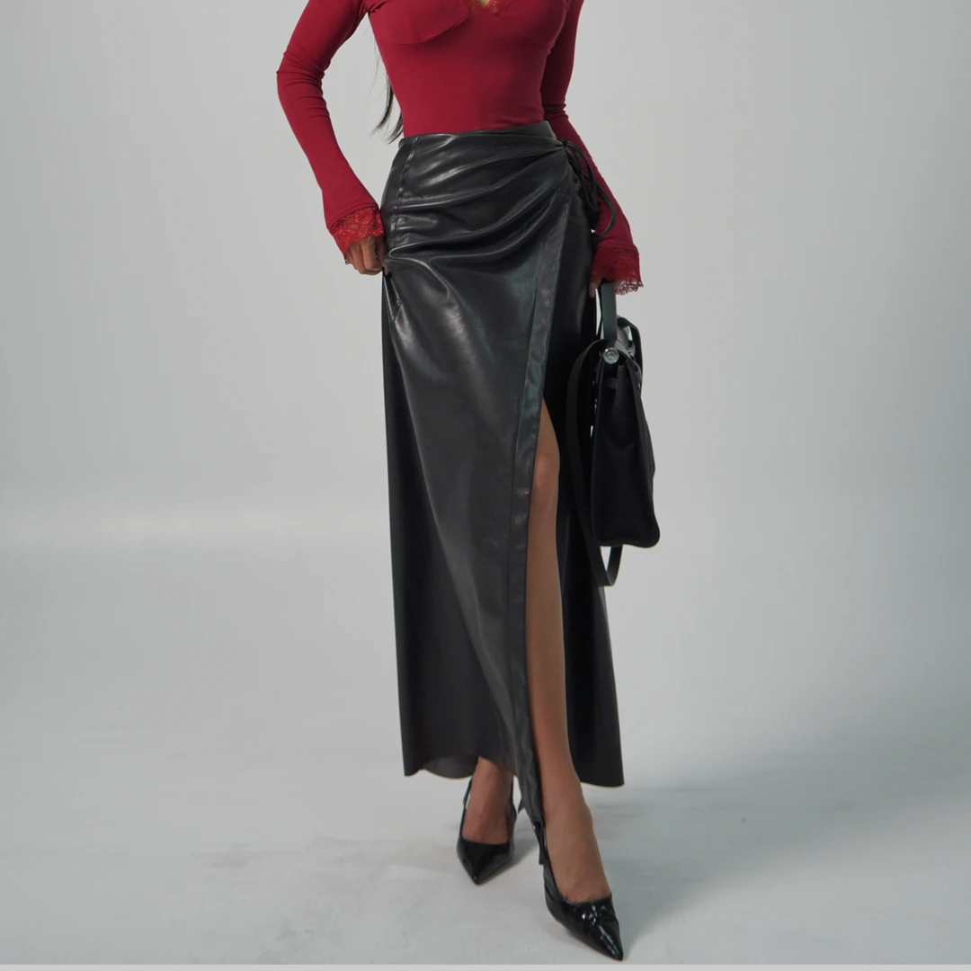 【蜜蜜家】欧美辣妹轻奢气质简约优雅一片式开衩半身裙 Q080