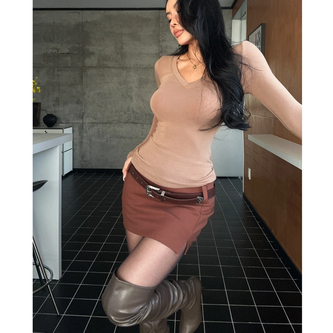 【蜜蜜家】焦糖拿铁 欧美辣妹性感纯欲ins设计感显瘦半身裙 Q035