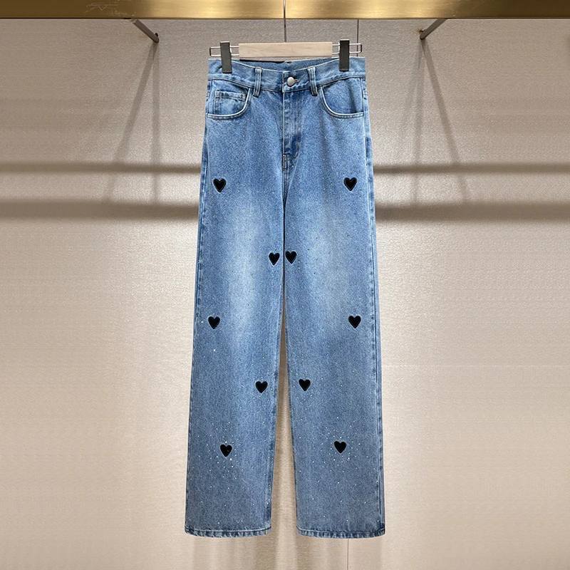 辣妹牛仔裤2024秋季新款设计感小众爱心烫钻宽松直筒裤时尚阔腿裤