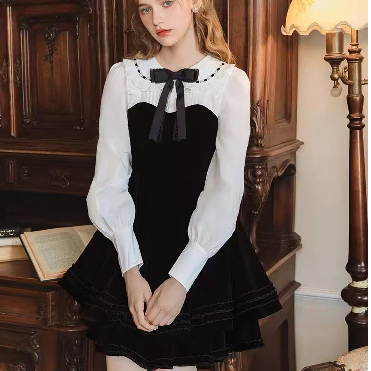 富家小千金连衣裙2024秋季新款甜美娃娃领蝴蝶结丝绒拼接显瘦裙子