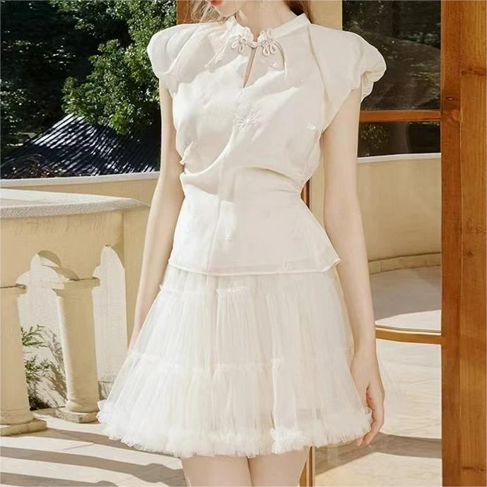 Jolly Note2025夏季新款新中式掐腰显瘦国风上衣网纱半裙两件套女