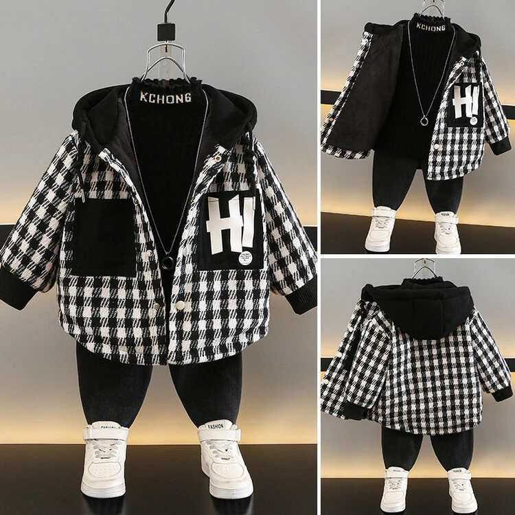 【现货】男童秋冬装加绒外套2024新款儿童冬季宝宝夹棉男孩连帽棉衣