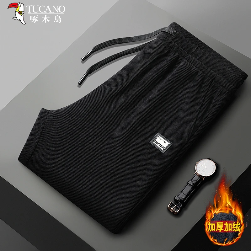 啄木鸟秋冬新款男士裤子商务休闲松紧腰大码男裤子加绒加厚保暖