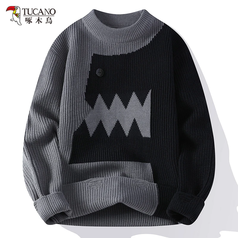 啄木鸟秋冬男士趣味毛衣保暖圆领加厚打底衫撞色休闲上衣针织衫男