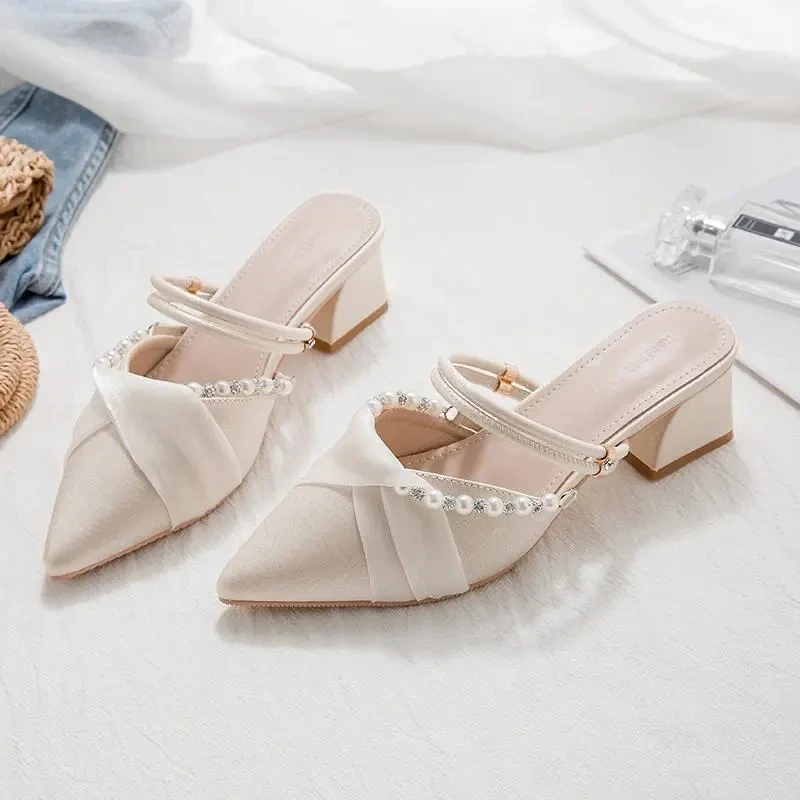 2024年春夏新款中高跟鞋女法式半拖鞋仙女风两穿包头尖头凉拖女鞋