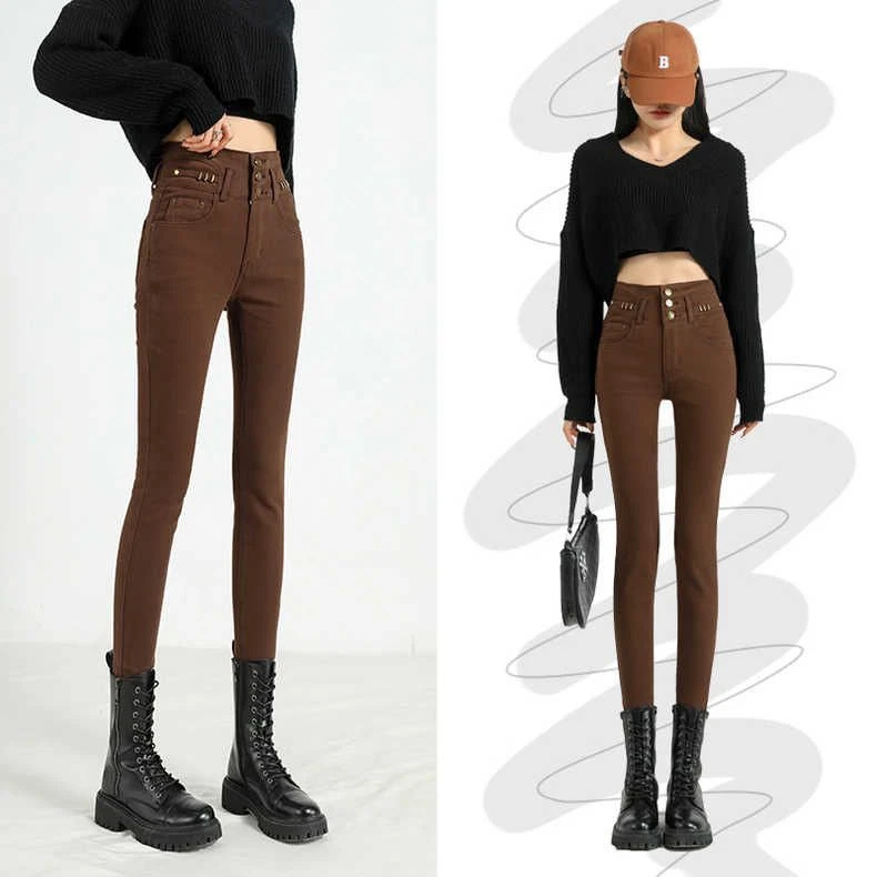 咖啡色小脚牛仔裤女紧身外穿秋冬季新款棕色弹力高腰显瘦铅笔裤子