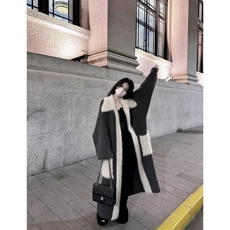 毛领过膝长款拼毛毛高级感长袖开衫毛衣秋冬季宽松慵懒风外套加厚