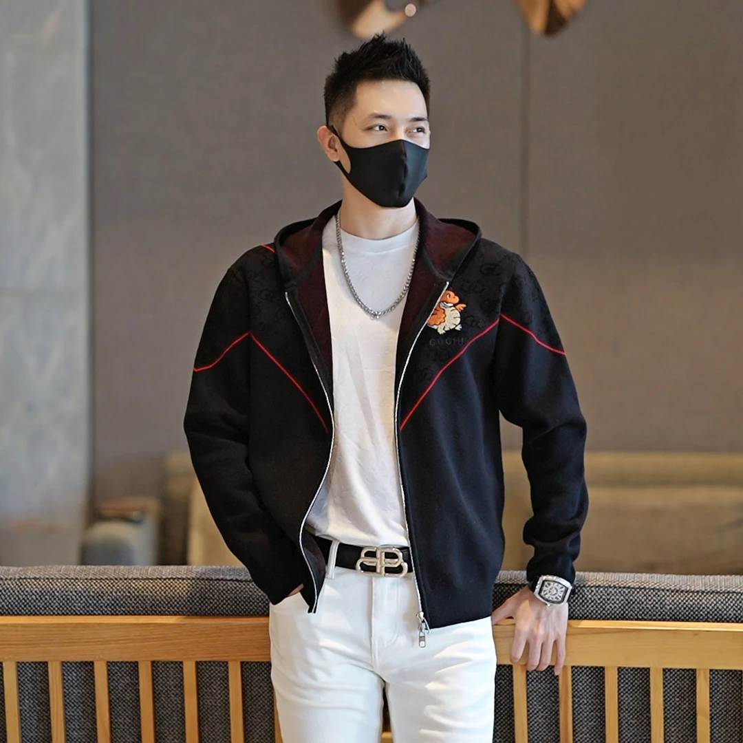 2024欧货时尚秋冬新款连帽潮流百搭时尚休闲男士连帽针织羊毛夹克