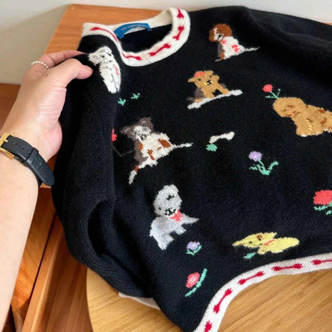 韩国童装卡通小狗提花毛衣秋冬季时尚百搭儿童婴儿宝宝长袖针织衫