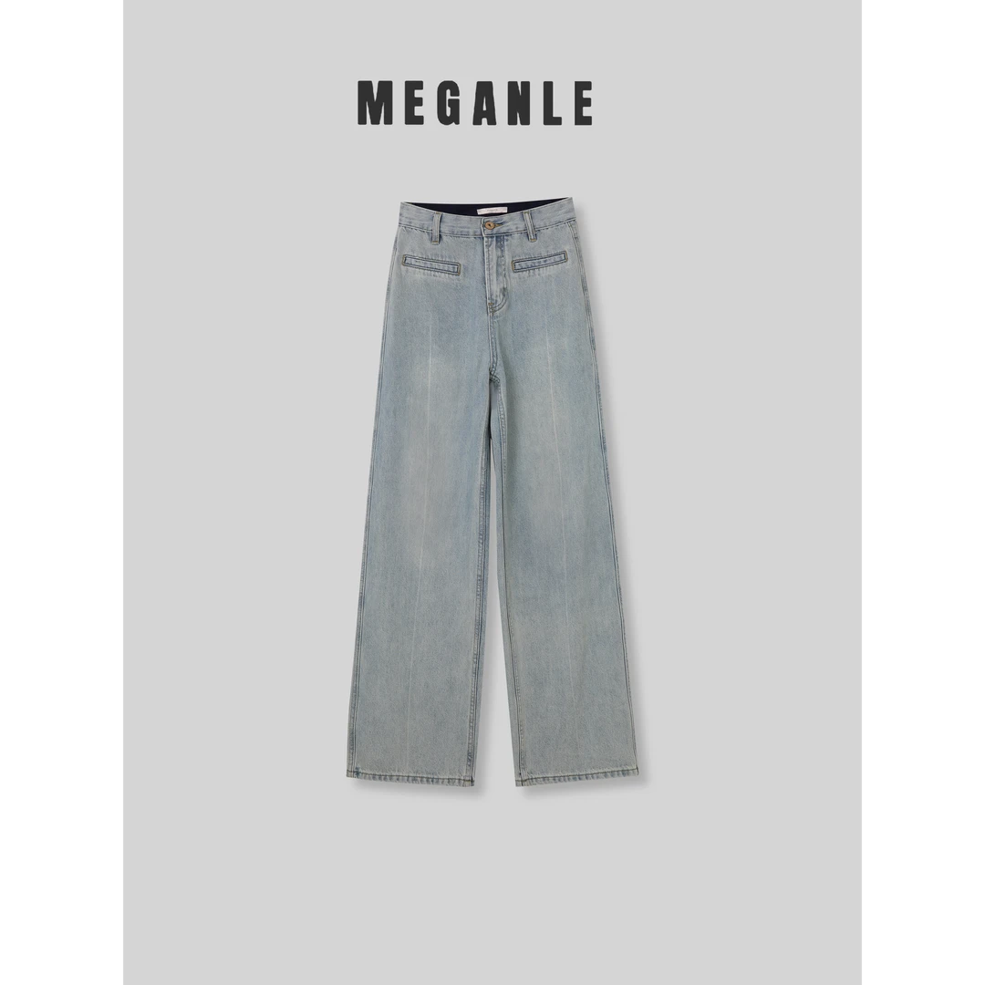 【MEGANLE】简约水洗浅色高腰直筒时尚百搭休闲牛仔长裤2024001