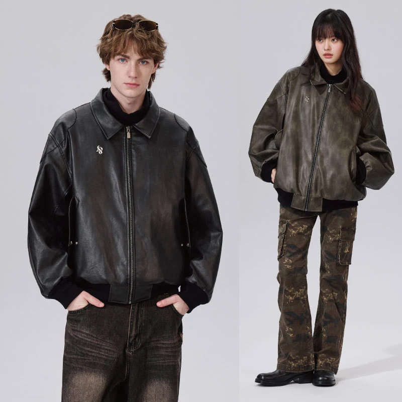 PSO Brand洗褪效果撞钉PU飞行夹克棉服美式休闲百搭情侣PMF043