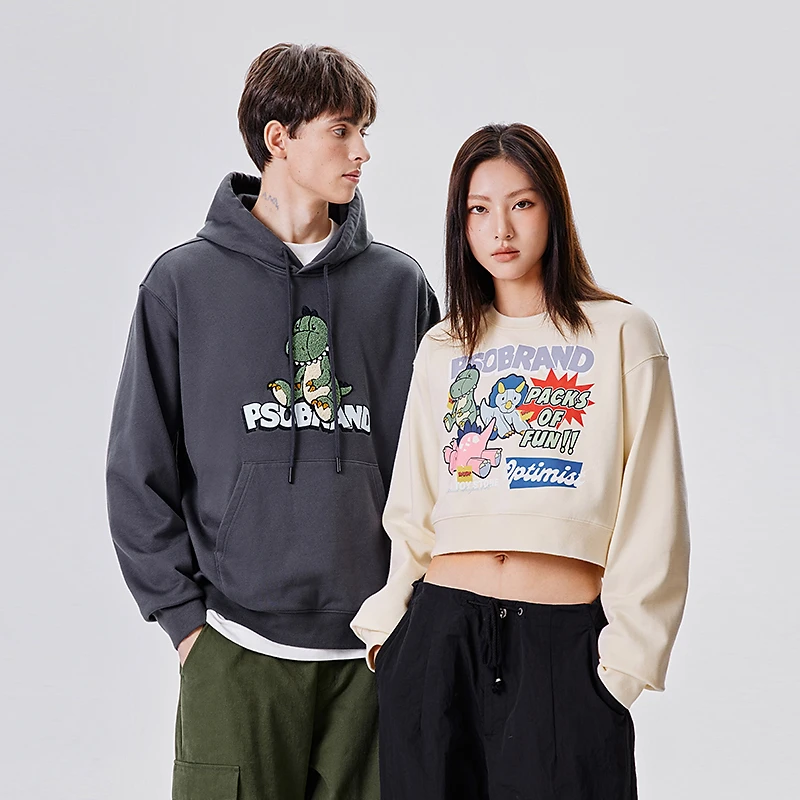 PSOBrand 【加绒款】420克针织可爱恐龙趣味图案连帽休闲卫衣PWY050