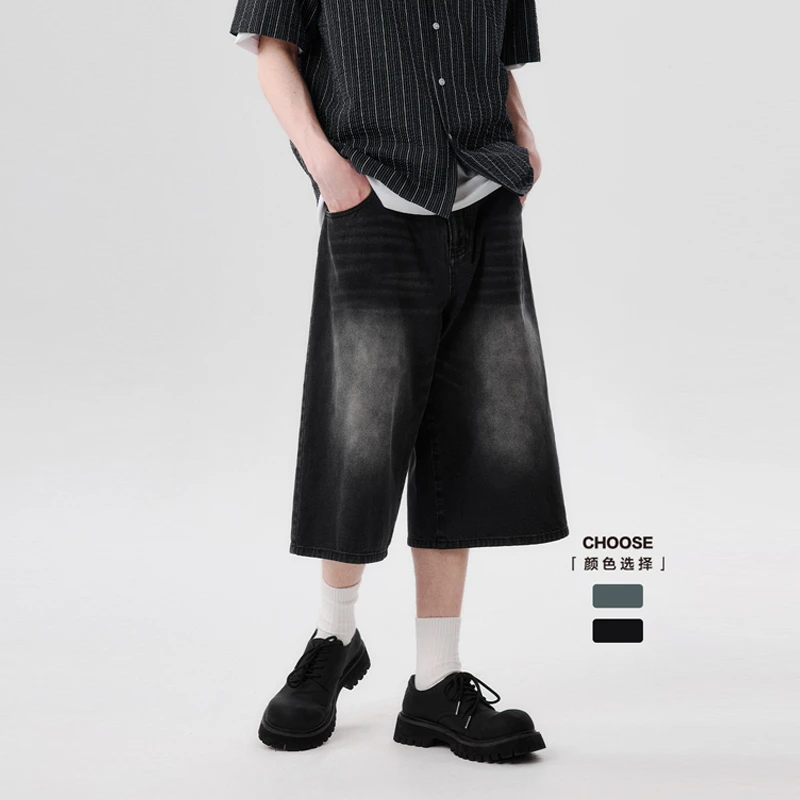 PSOBrand10.2盎司牛仔喷马骝做旧水洗牛仔七分裤男牛仔裤子KNZ035