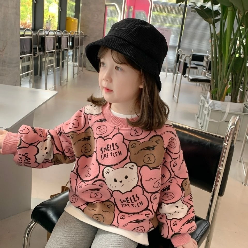 女童秋装2022新款儿童韩版加绒儿童卫衣卡通印花上衣宝宝打底外衣