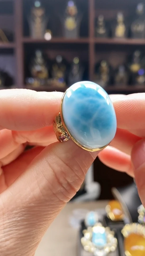 【闪购商品】针钠钙石(海纹石)戒指银S925镶嵌戒指