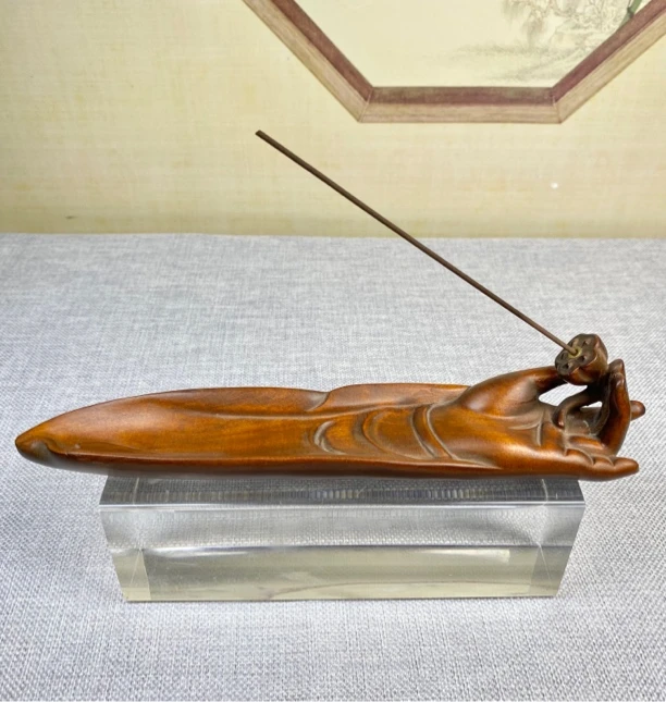 小叶黄杨木仿古做旧（佛手莲花香插）长21口径4摆件实木雕刻复工艺