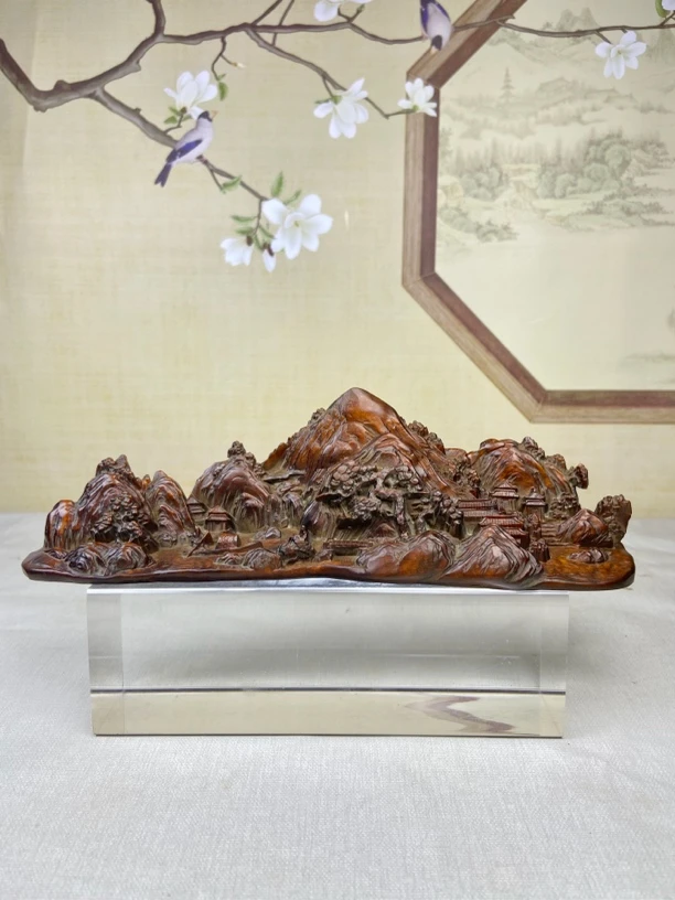 小叶黄杨木仿古做旧(千里江山图)山水流水画摆件雕塑复古怀工艺
