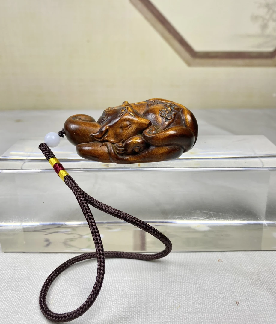 小叶黄杨木仿古做旧（九尾狐狸）女性守护手把件雕刻老物件复古工艺