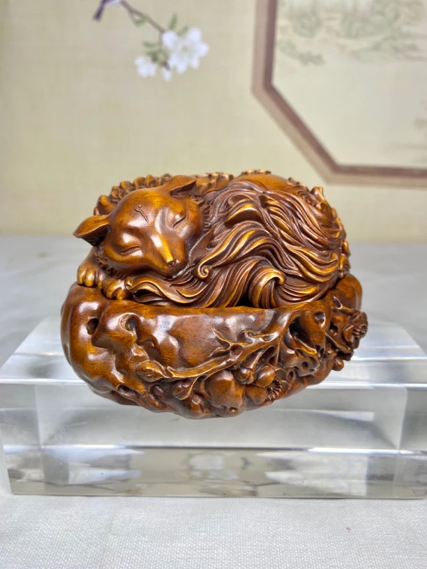 小叶黄杨木仿古做旧（九尾狐香炉）高度6口径11实木雕刻老物件工艺