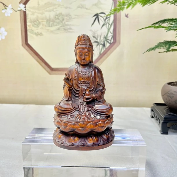 小叶黄杨木仿古做旧（坐姿观音）摆件家居装饰保平安复古怀旧工艺
