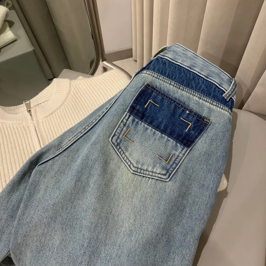 【闹闹】370冬季浅色复古色加绒直筒牛仔裤