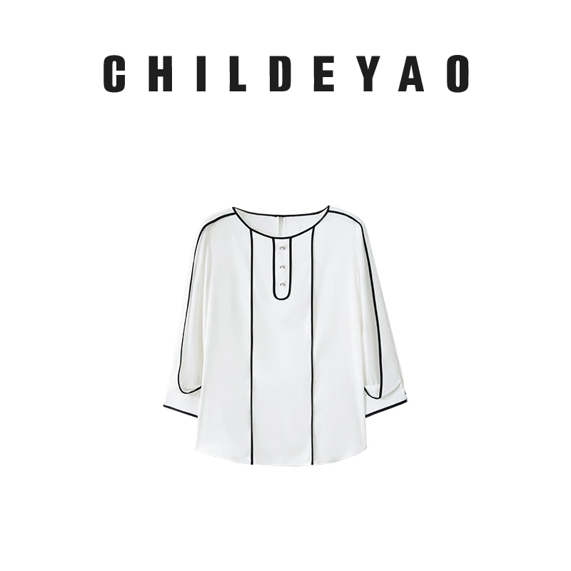 CHILDEYAO【指挥官】黑白撞色七分袖通勤圆领衬衫夏季上衣1066
