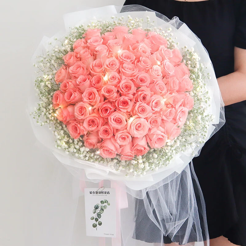 真花66朵玫瑰香槟红玫粉玫花束送女友生日礼物送爱人送朋友同城送