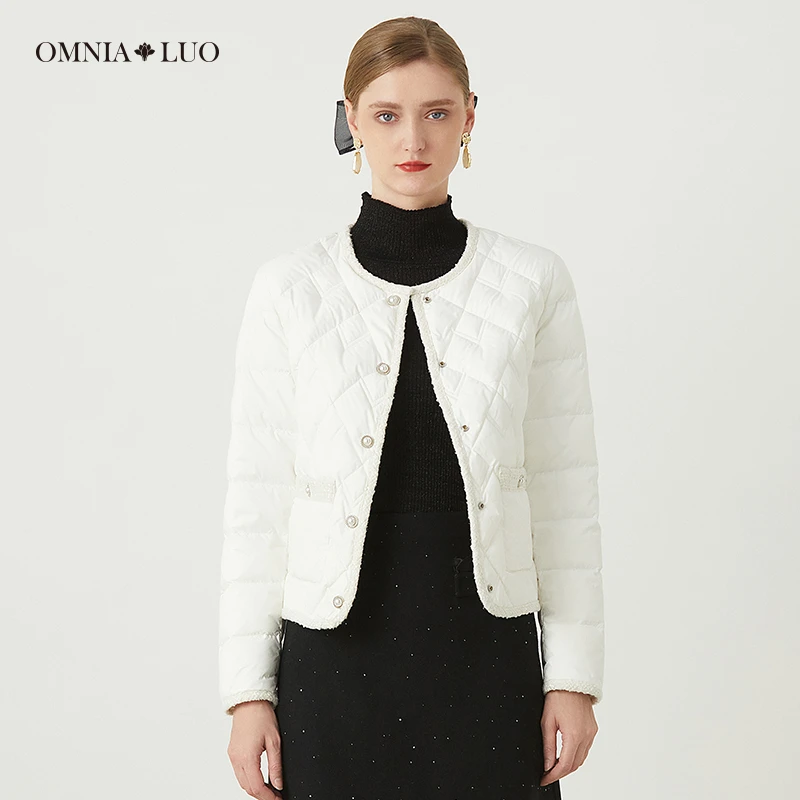 欧柏兰奴【商场同款】23年冬优雅纽扣格纹流苏长袖圆领开衫羽绒服