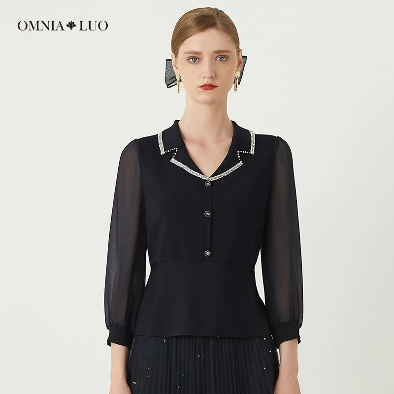 欧柏兰奴【商场同款】2023年秋优雅撞色百搭纽扣长袖套头毛针织衫