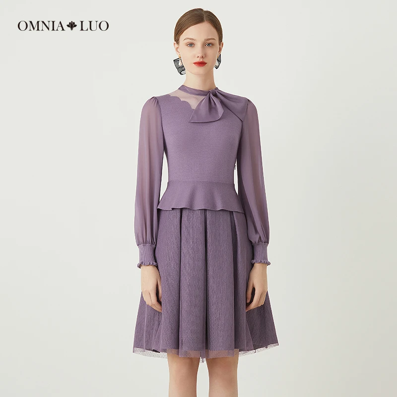 欧柏兰奴【商场同款】绵羊毛优雅透视长袖围巾领连衣裙