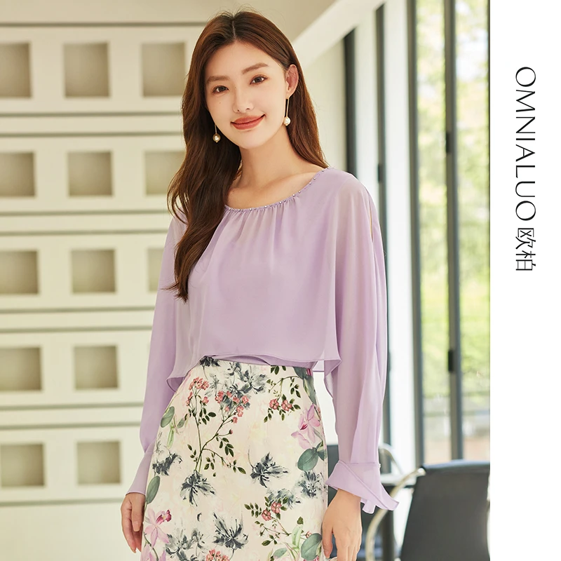 欧柏兰奴【商场同款】24年春优雅钉珠镂空长袖荷叶袖圆领套头毛衫