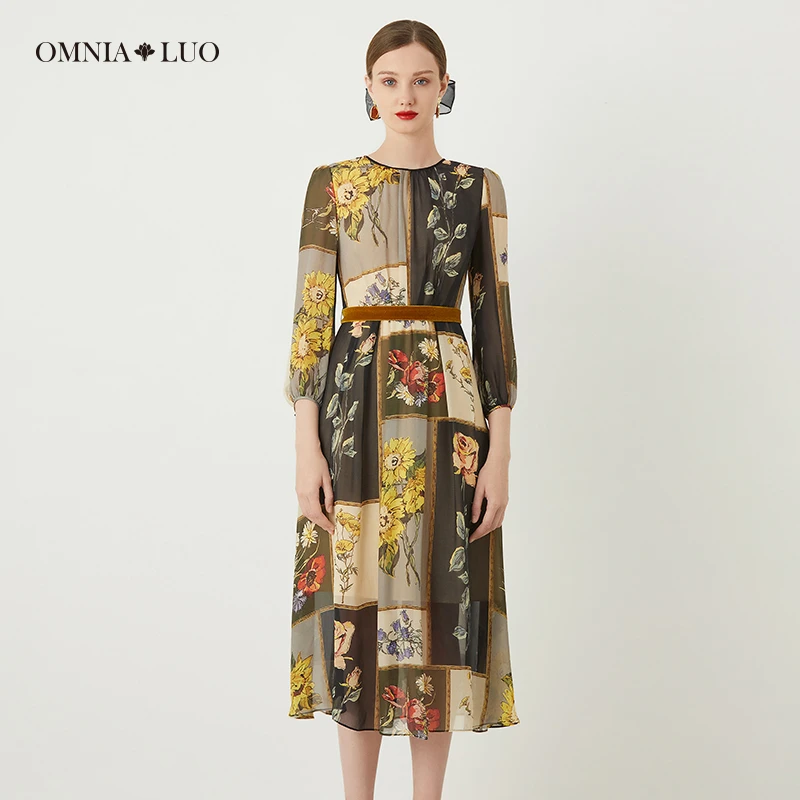 欧柏兰奴【桑蚕丝】优雅印花花卉中长裙长袖连衣裙配腰带